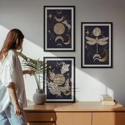 Fali dekorációs képszett természet motívumos hold és virág mintával