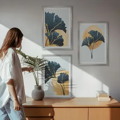 Ginkgo levelek fali dekoráció kép szett világos háttérrel