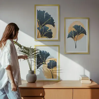 Ginkgo levelek fali dekoráció kép szett világos háttérrel
