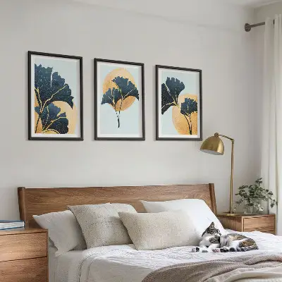 Ginkgo levelek fali dekoráció kép szett világos háttérrel