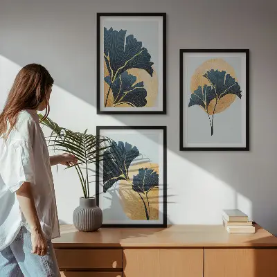 Ginkgo levelek fali dekoráció kép szett világos háttérrel