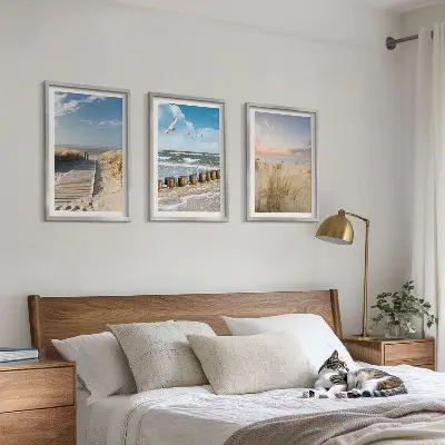 Fali dekorációs képszett strand, homok, hullámok, ég és madarak mintával