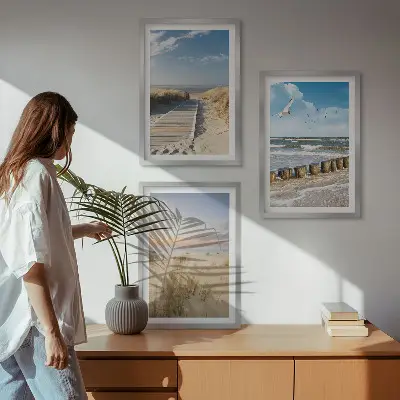 Fali dekorációs képszett strand, homok, hullámok, ég és madarak mintával