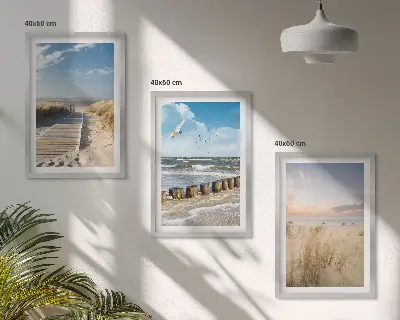 Fali dekorációs képszett strand, homok, hullámok, ég és madarak mintával