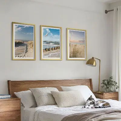 Fali dekorációs képszett strand, homok, hullámok, ég és madarak mintával
