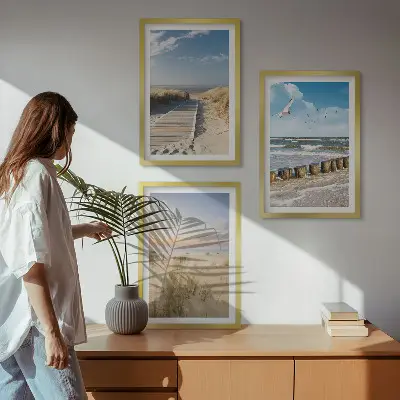 Fali dekorációs képszett strand, homok, hullámok, ég és madarak mintával