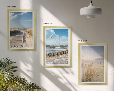 Fali dekorációs képszett strand, homok, hullámok, ég és madarak mintával