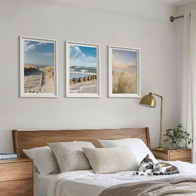 Fali dekorációs képszett strand, homok, hullámok, ég és madarak mintával