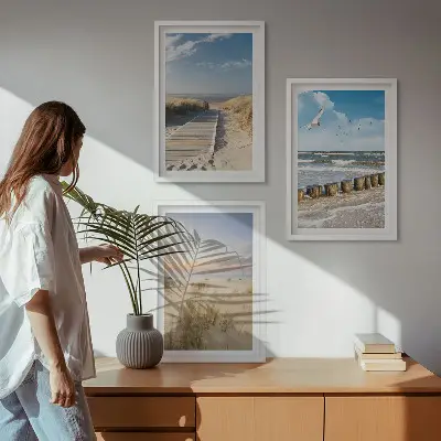 Fali dekorációs képszett strand, homok, hullámok, ég és madarak mintával