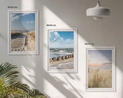 Fali dekorációs képszett strand, homok, hullámok, ég és madarak mintával