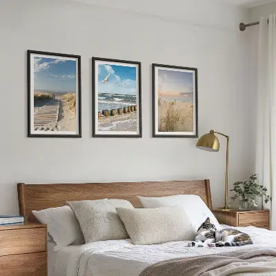 Fali dekorációs képszett strand, homok, hullámok, ég és madarak mintával