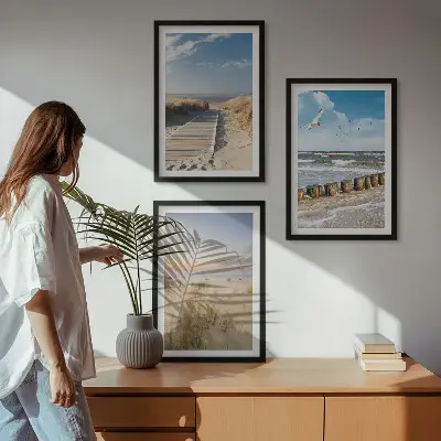 Fali dekorációs képszett strand, homok, hullámok, ég és madarak mintával