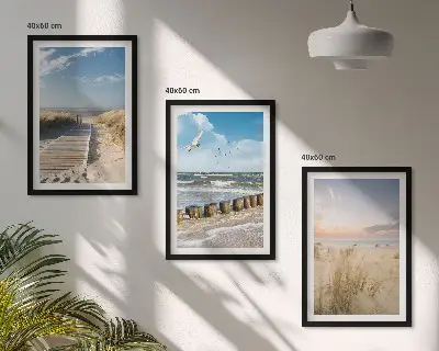 Fali dekorációs képszett strand, homok, hullámok, ég és madarak mintával