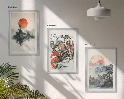 Ázsiai japandi stílusú festmény szett keretezett képek hálószobába