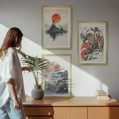Ázsiai japandi stílusú festmény szett keretezett képek hálószobába
