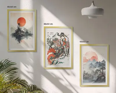 Ázsiai japandi stílusú festmény szett keretezett képek hálószobába