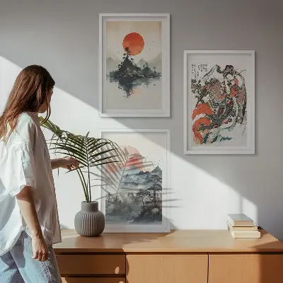 Ázsiai japandi stílusú festmény szett keretezett képek hálószobába