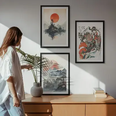 Ázsiai japandi stílusú festmény szett keretezett képek hálószobába