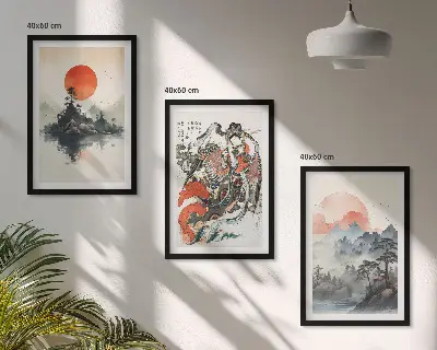 Ázsiai japandi stílusú festmény szett keretezett képek hálószobába