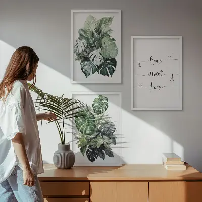 Akvarell Monstera levelek kép szett keretezett változat hálószobába
