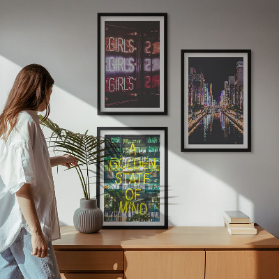 Keretezett kép szett hálószobába Neonreklámok folyó éjjel