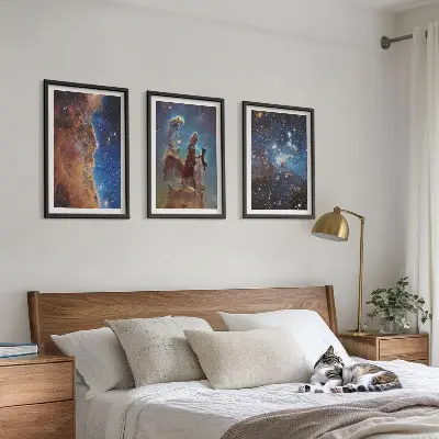 Galaxisok űrtájképei keretezett képszett hálószobába