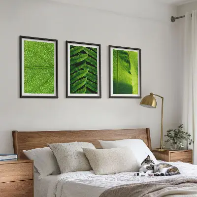 Trópusi levelek makrófotózás keretezett kép szett hálószobába