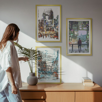 Keretezett kép szett hálószobába Modern városok színes karakterei