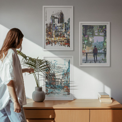 Keretezett kép szett hálószobába Modern városok színes karakterei