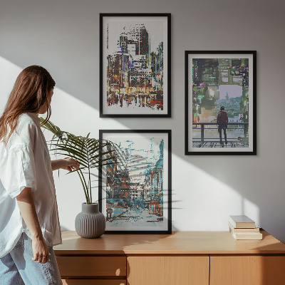 Keretezett kép szett hálószobába Modern városok színes karakterei