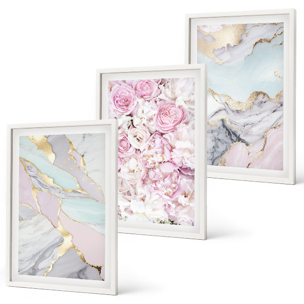 Fali dekoráció kép készlet Rózsaszín virágok márvány pasztell