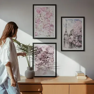 Keretezett kép szett hálószobába rózsaszín virágos táj mintával