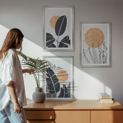 Keretezett kép szett hálószobába Növényi minták nagy napok minimalista