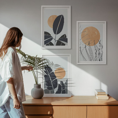 Keretezett kép szett hálószobába Növényi minták nagy napok minimalista