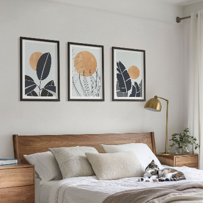 Keretezett kép szett hálószobába Növényi minták nagy napok minimalista