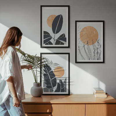 Keretezett kép szett hálószobába Növényi minták nagy napok minimalista