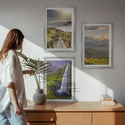 Hegyi tájak vízesés mintás kép keretezett szett hálószobába