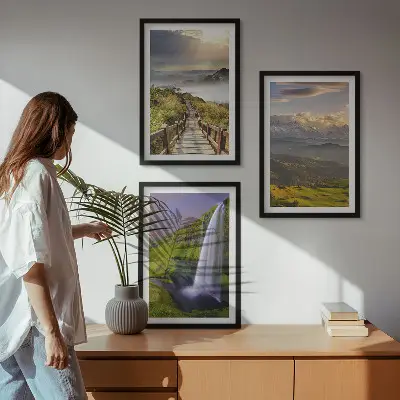 Hegyi tájak vízesés mintás kép keretezett szett hálószobába