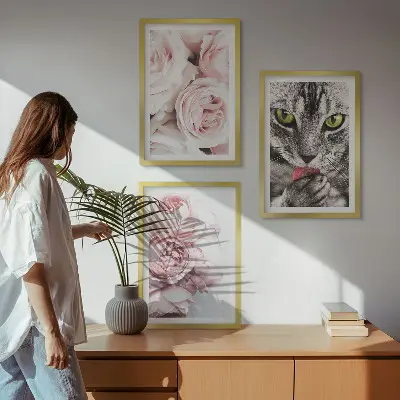 Macska rózsaszín virágokban keretezett kép szett hálószobába