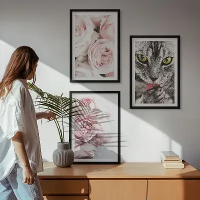 Macska rózsaszín virágokban keretezett kép szett hálószobába