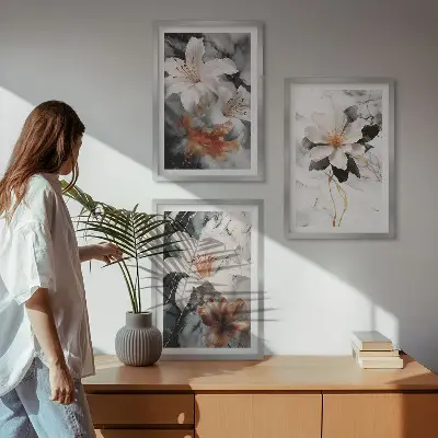 Keretezett kép szett hálószobába fekete fehér márvány mintás virágokkal