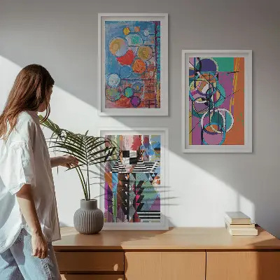 Színes absztrakt körök geometria falikép keretezett kép szett hálószobába