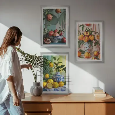 Keretezett kép szett hálószobába gránátalma, őszibarack és citrom mintával
