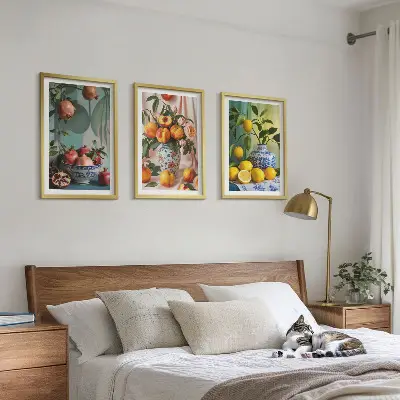 Keretezett kép szett hálószobába gránátalma, őszibarack és citrom mintával