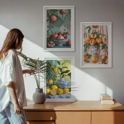 Keretezett kép szett hálószobába gránátalma, őszibarack és citrom mintával