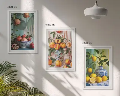 Keretezett kép szett hálószobába gránátalma, őszibarack és citrom mintával