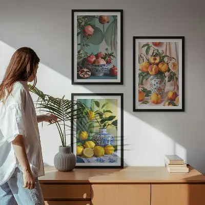 Keretezett kép szett hálószobába gránátalma, őszibarack és citrom mintával