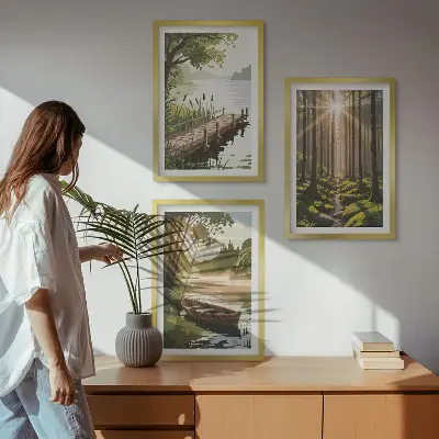 Keretezett kép szett hálószobába erdő, tó és csónak tájképpel