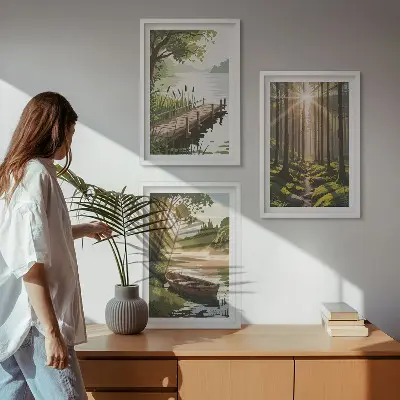 Keretezett kép szett hálószobába erdő, tó és csónak tájképpel