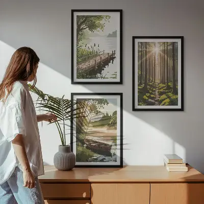 Keretezett kép szett hálószobába erdő, tó és csónak tájképpel